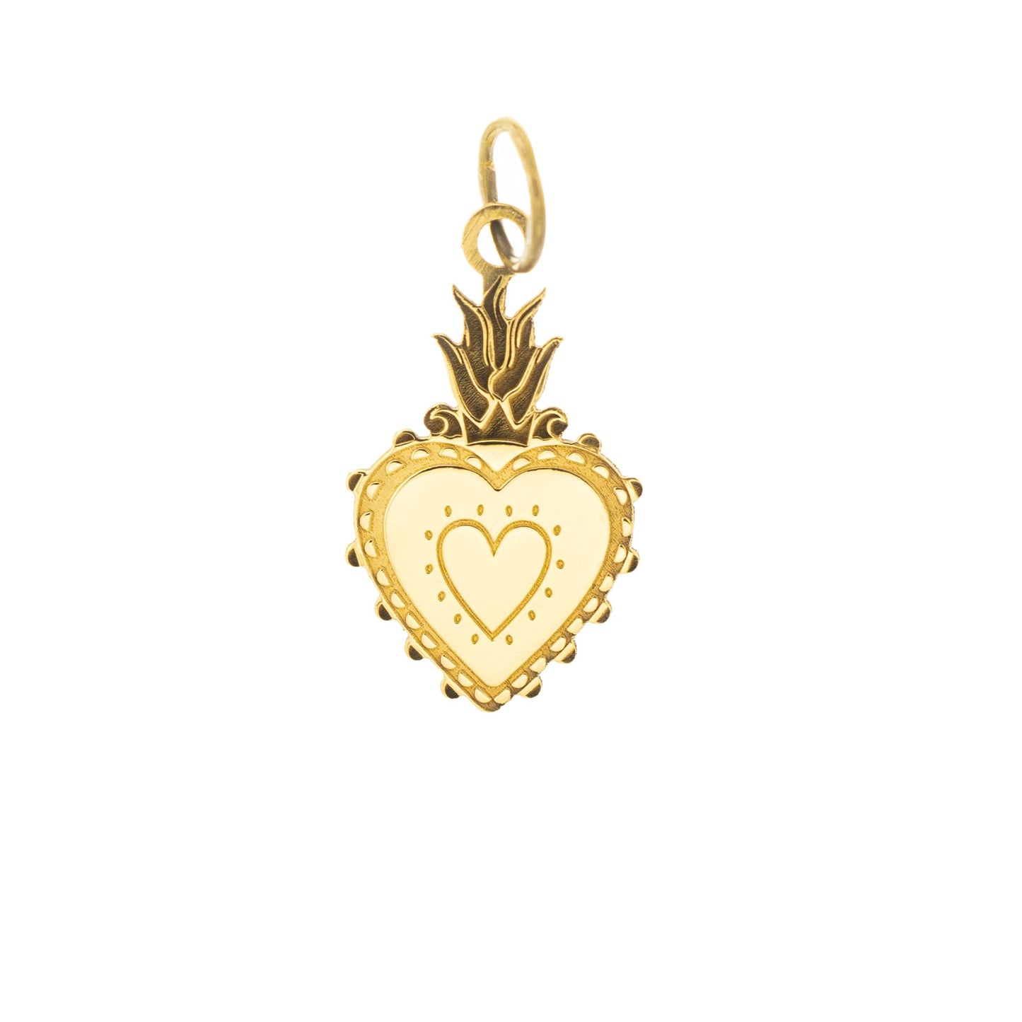 Questo pendente a cuore sacro, disponibile in oro giallo 750 , è un gioiello raffinato e simbolico. Misura 16 mm di altezza e presenta un cuore al centro decorato con una fiamma sulla sommità. Realizzato a mano in un laboratorio orafo a Livorno, ha dettagli precisi incisi a laser, che danno vita a un design elegante e spirituale. È leggero ma resistente, perfetto per chi cerca un gioiello di qualità e significato.